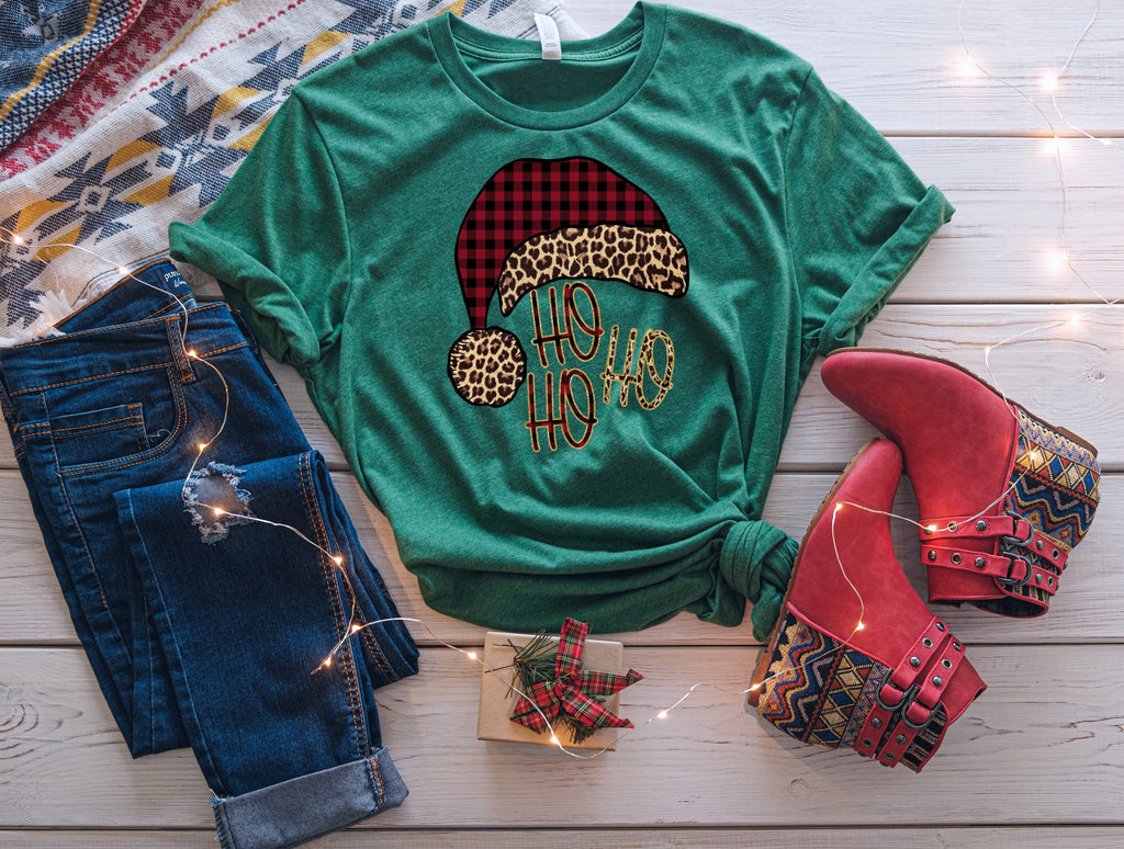 Leopard and Buffalo Plaid Ho Ho Ho Tee - SKC Boutique